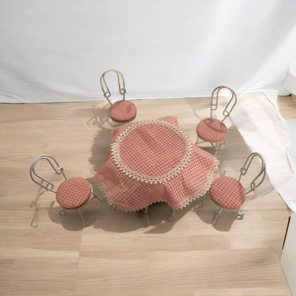 VTG Price Dollhouse Mini 1:12 Pink Gingham Ice Cream Parlor Set Table Chairs